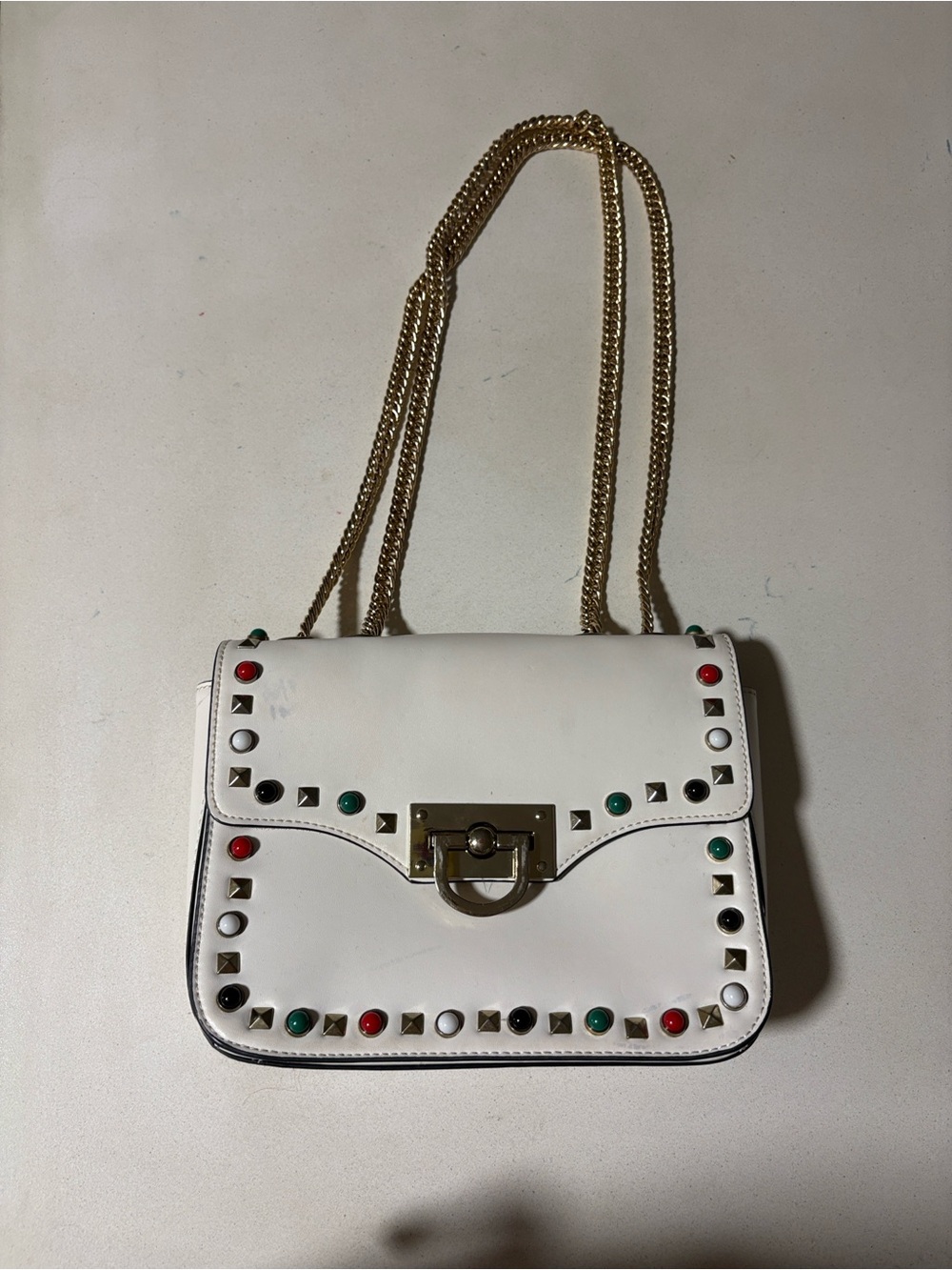 White Stud-Trim Shoulder Bag with Gold Chain Strap